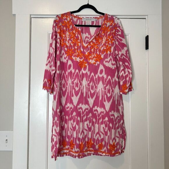 Gretchen Scott Batik Print Tunic Top Dress Pink Orange Embroidered Size Large - Picture 1 of 8